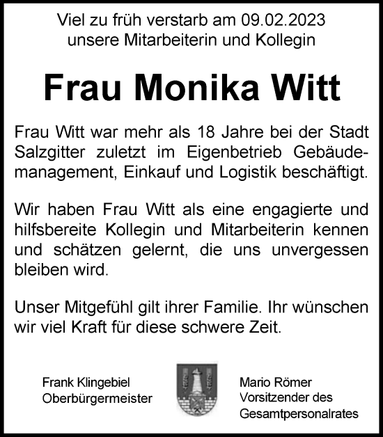 Traueranzeige von Monika Witt von Salzgitter-Zeitung