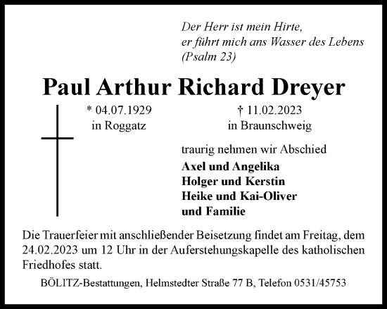 Traueranzeige von Paul Arthur Richard Dreyer von Braunschweiger Zeitung