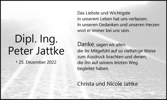 Traueranzeige von Peter Jattke von Wolfsburger Nachrichten