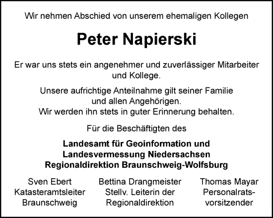 Traueranzeige von Peter Napierski von Wolfenbütteler Zeitung