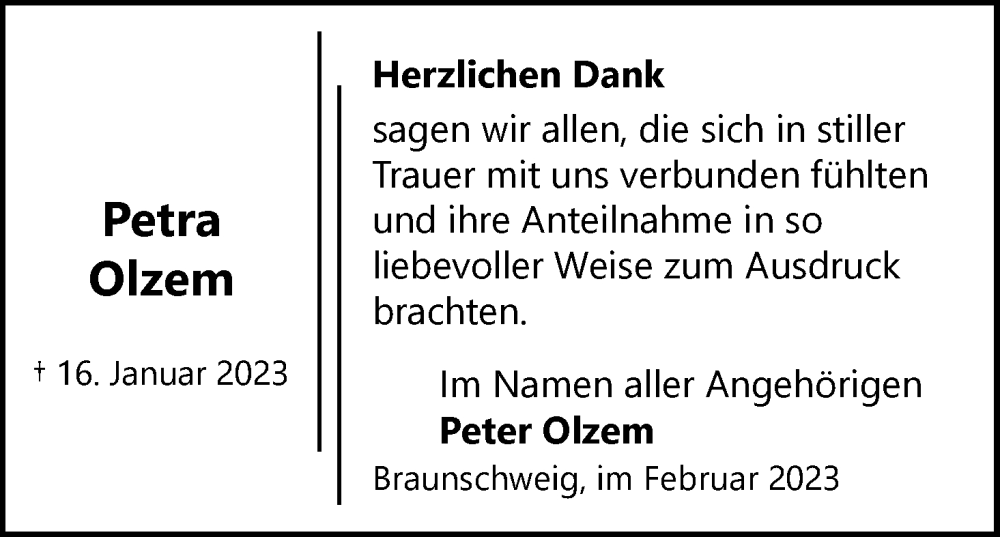  Traueranzeige für Petra Olzem vom 18.02.2023 aus Neue Braunschweiger am Samstag