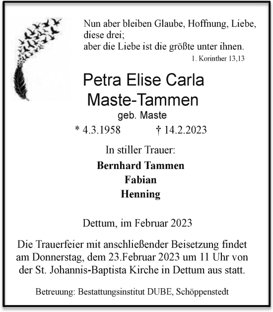 Traueranzeige von Petra Elise Carla Maste-Tammen von Wolfenbütteler Zeitung