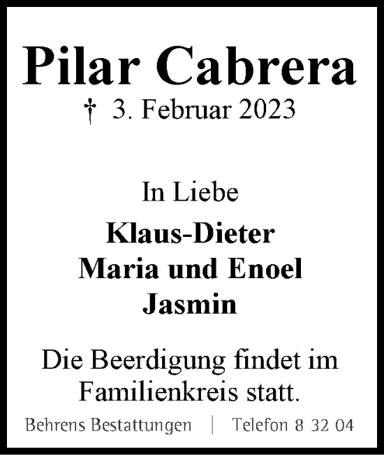 Traueranzeige von Pilar Cabrera von Braunschweiger Zeitung