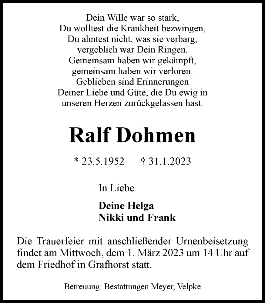  Traueranzeige für Ralf Dohmen vom 17.02.2023 aus Wolfsburger Nachrichten