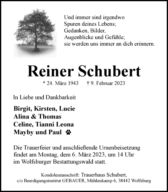 Traueranzeige von Reiner Schubert von Wolfsburger Nachrichten