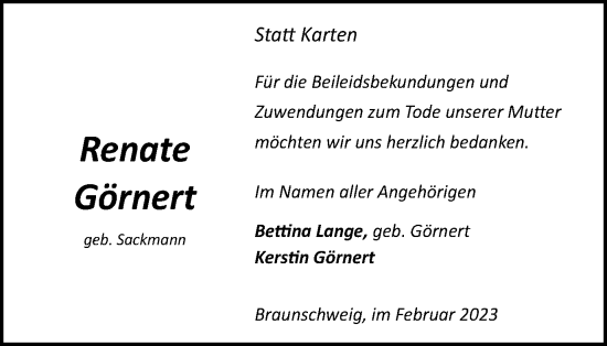 Traueranzeige von Renate Görnert von Braunschweiger Zeitung