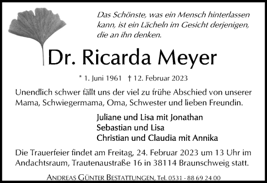 Traueranzeige von Ricarda Meyer von Braunschweiger Zeitung