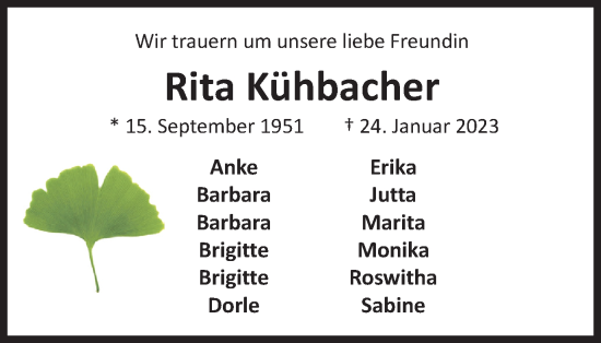 Traueranzeige von Rita Kühbacher von Braunschweiger Zeitung