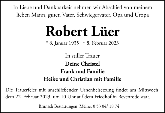 Traueranzeige von Robert Lüer von Braunschweiger Zeitung