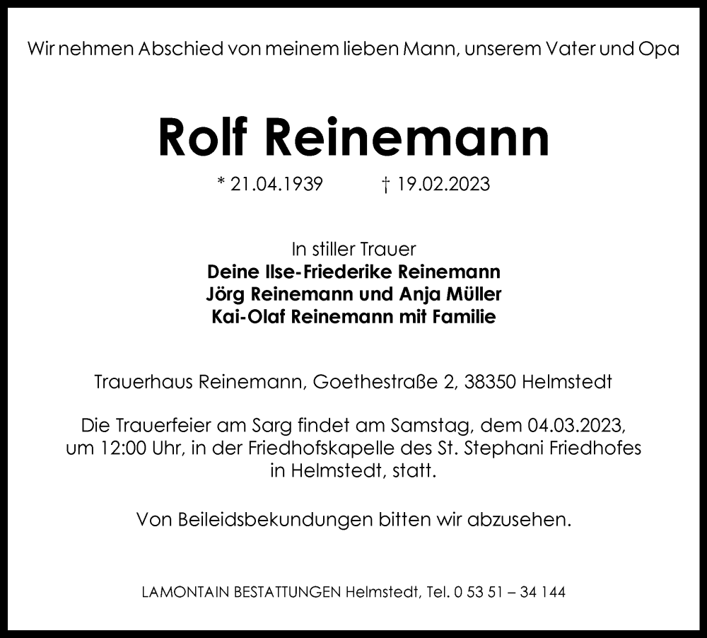  Traueranzeige für Rolf Reinemann vom 25.02.2023 aus Helmstedter Nachrichten