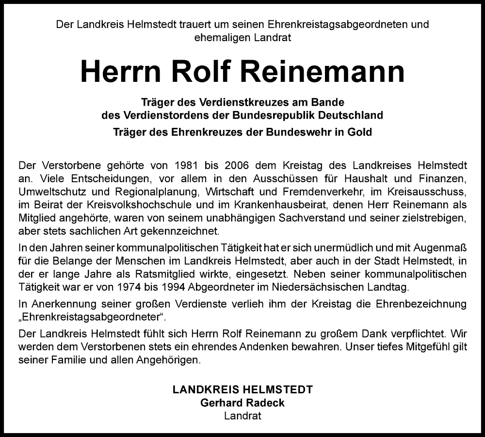  Traueranzeige für Rolf Reinemann vom 27.02.2023 aus Helmstedter Nachrichten