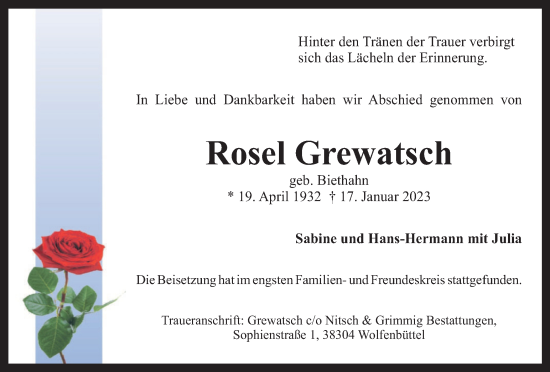 Traueranzeige von Rosel Grewatsch von Wolfenbütteler Zeitung