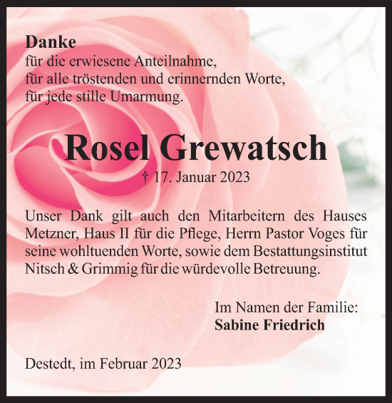 Traueranzeige von Rosel Grewatsch von Wolfenbütteler Zeitung