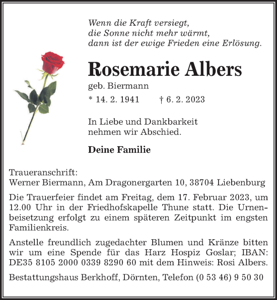 Traueranzeige von Rosemarie Albers von Braunschweiger Zeitung