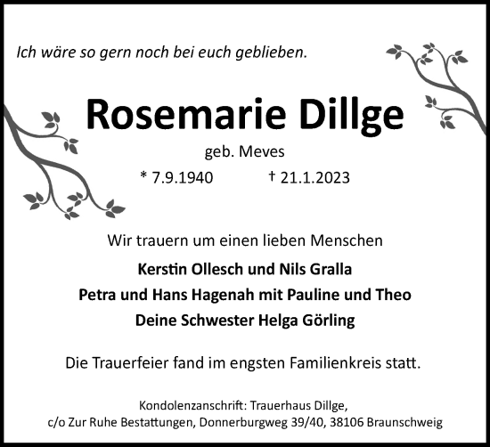 Traueranzeige von Rosemarie Dillge von Braunschweiger Zeitung