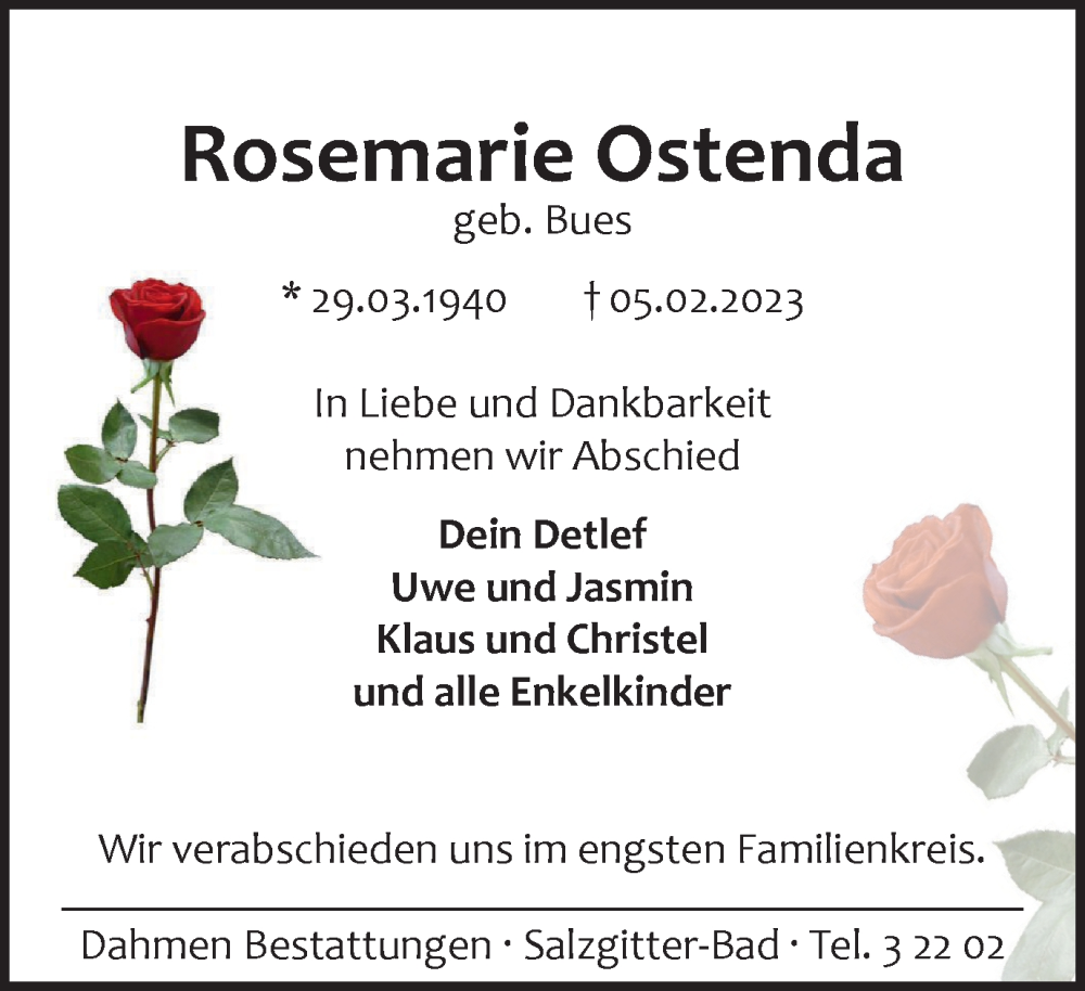  Traueranzeige für Rosemarie Ostenda vom 18.02.2023 aus Salzgitter-Zeitung