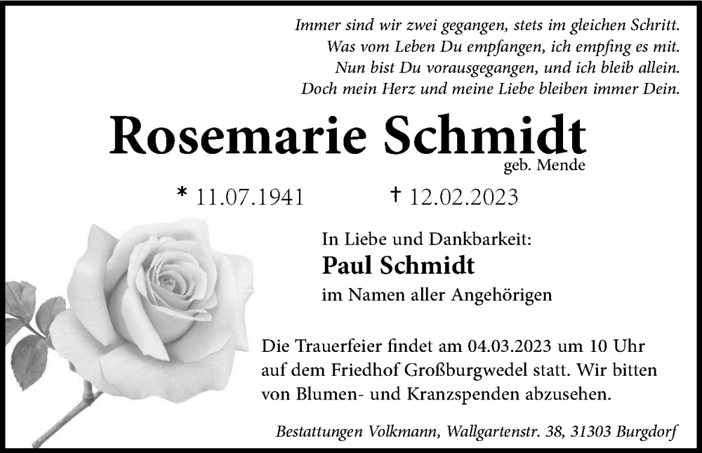  Traueranzeige für Rosemarie Schmidt vom 25.02.2023 aus Neue Braunschweiger am Samstag