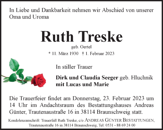 Traueranzeige von Ruth Treske von Braunschweiger Zeitung