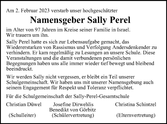 Traueranzeige von Sally Perel von Braunschweiger Zeitung