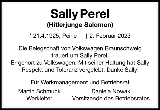 Traueranzeige von Sally Perel von Braunschweiger Zeitung