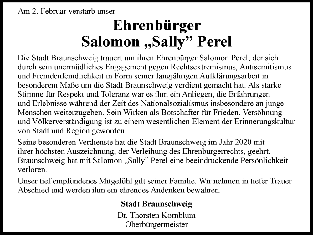  Traueranzeige für Salomon Perel vom 04.02.2023 aus Braunschweiger Zeitung