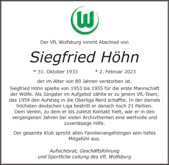 Traueranzeige von Siegfried Höhn von Wolfsburger Nachrichten