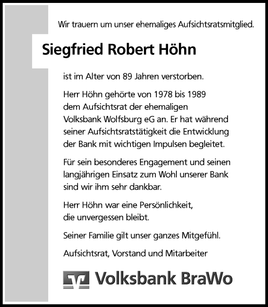 Traueranzeige von Siegfried Robert Höhn von Wolfsburger Nachrichten
