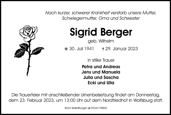 Traueranzeige von Sigrid Berger von Wolfsburger Nachrichten