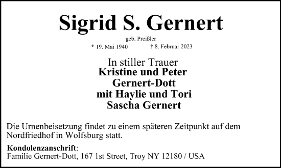 Traueranzeige von Sigrid S. Gernert von Wolfsburger Nachrichten