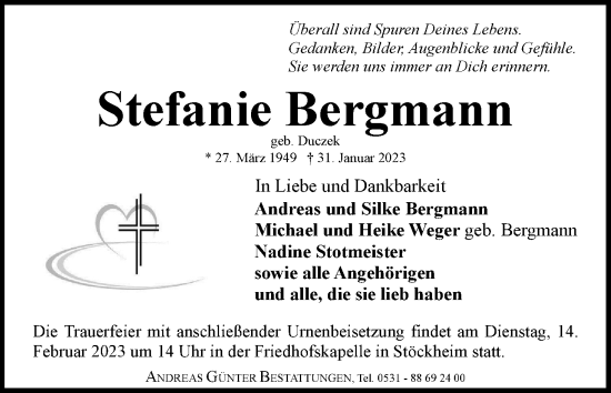 Traueranzeige von Stefanie Bergmann von Neue Braunschweiger am Samstag