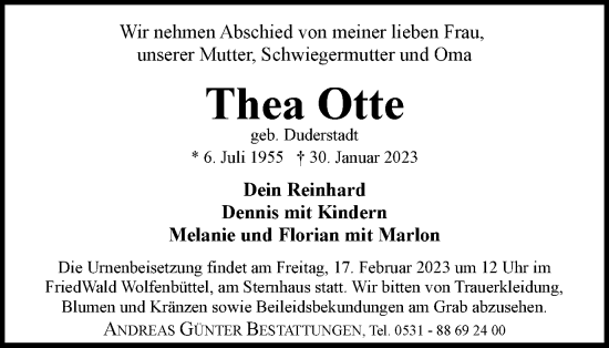 Traueranzeige von Thea Otte von Braunschweiger Zeitung