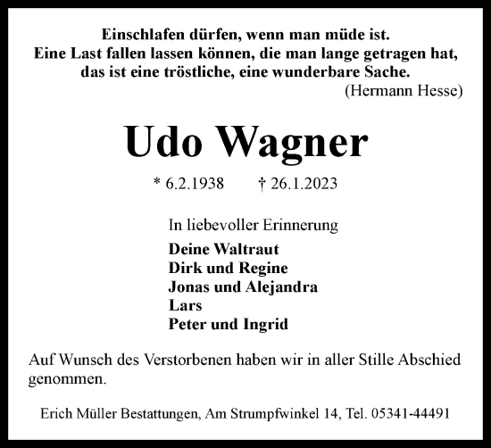 Traueranzeige von Udo Wagner von Salzgitter-Zeitung