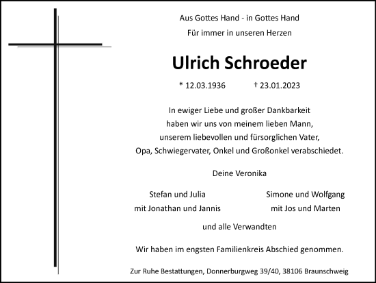 Traueranzeige von Ulrich Schroeder von Braunschweiger Zeitung