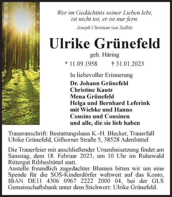Traueranzeige von Ulrike Grünefeld von Braunschweiger Zeitung