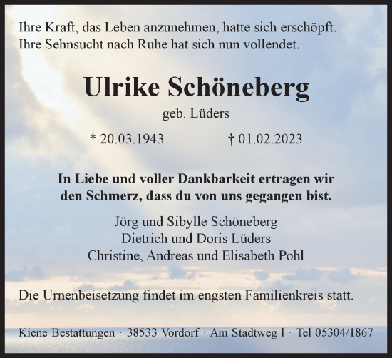 Traueranzeige von Ulrike Schöneberg von Braunschweiger Zeitung