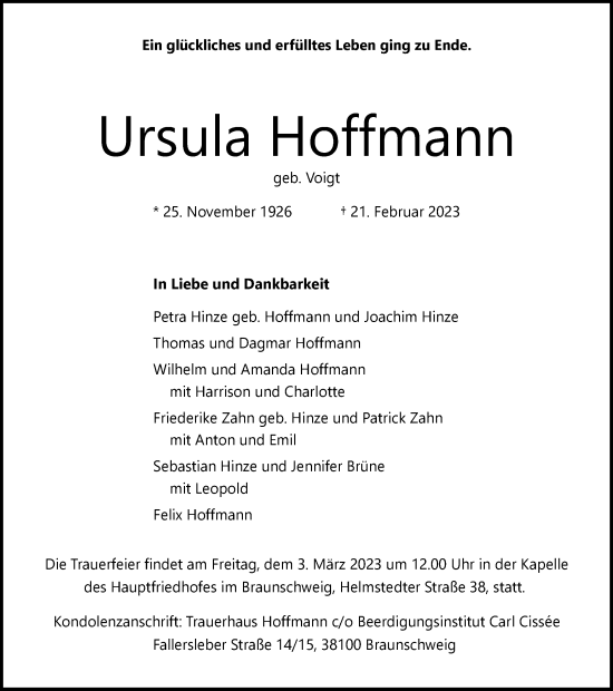 Traueranzeige von Ursula Hoffmann von Braunschweiger Zeitung