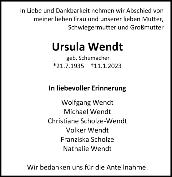 Traueranzeige von Ursula Wendt von Wolfenbütteler Zeitung