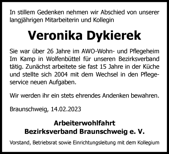 Traueranzeige von Veronika Dykierek von Wolfenbütteler Zeitung