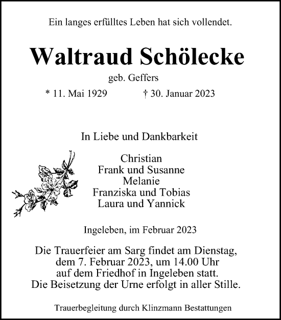 Traueranzeige von Waltraud Schölecke von Helmstedter Nachrichten