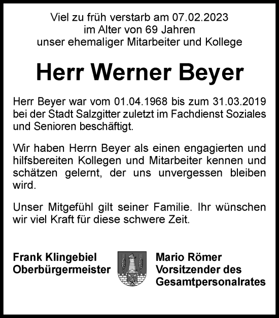 Traueranzeige von Werner Beyer von Salzgitter-Zeitung