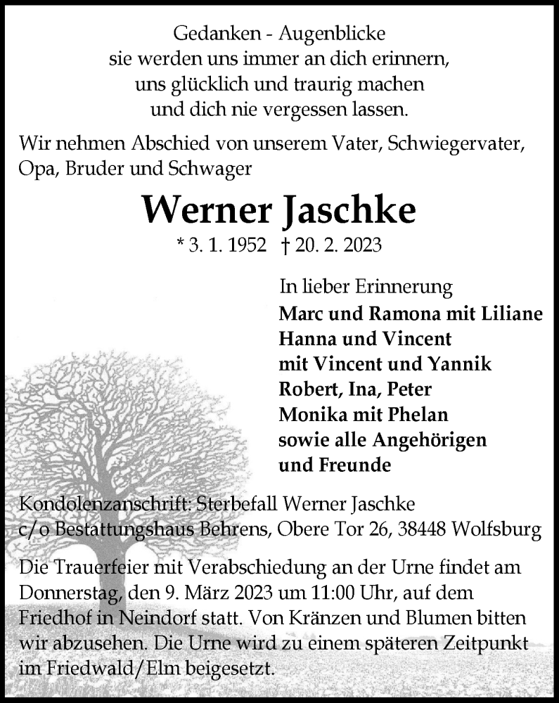  Traueranzeige für Werner Jaschke vom 25.02.2023 aus Wolfsburger Nachrichten