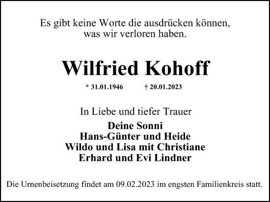 Traueranzeige von Wilfried Kohoff von Braunschweiger Zeitung