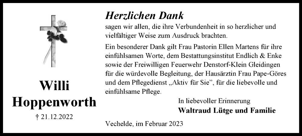  Traueranzeige für Willi Hoppenworth vom 04.02.2023 aus Peiner Nachrichten