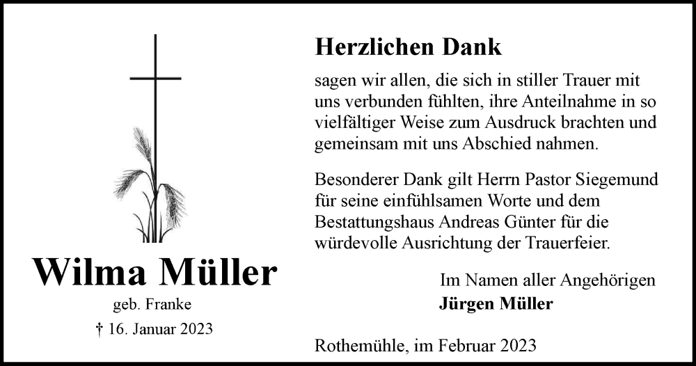  Traueranzeige für Wilma Müller vom 11.02.2023 aus Braunschweiger Zeitung