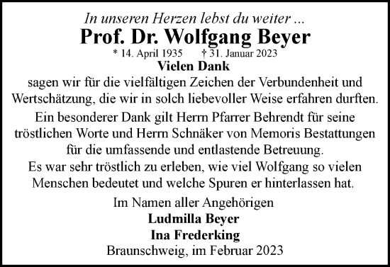 Traueranzeige von Wolfgang Beyer von Braunschweiger Zeitung