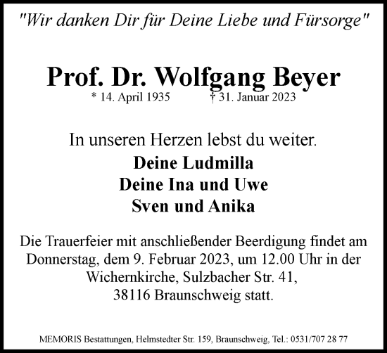 Traueranzeige von Wolfgang Beyer von Braunschweiger Zeitung