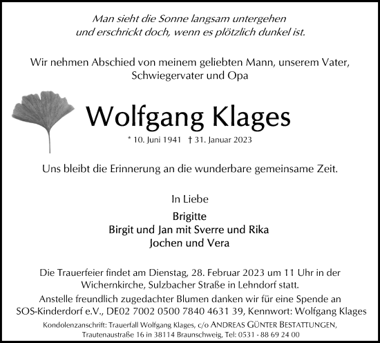 Traueranzeige von Wolfgang Klages von Braunschweiger Zeitung