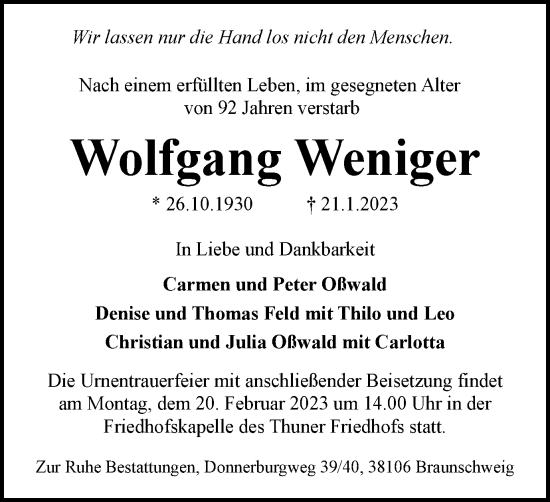 Traueranzeige von Wolfgang Weniger von Braunschweiger Zeitung