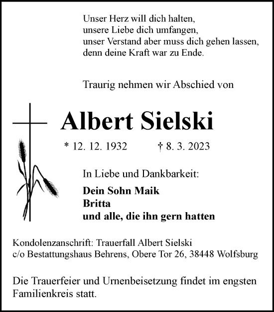 Traueranzeige von Albert Sielski von Wolfsburger Nachrichten