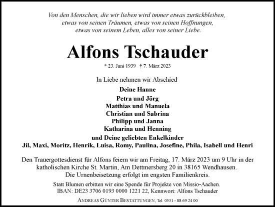 Traueranzeige von Alfons Tschauder von Braunschweiger Zeitung